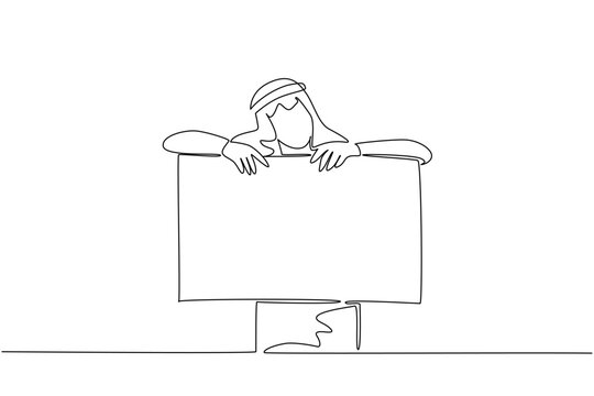 One line drawing presents a young handsome Arabian business man comfortably leaning on a blank sign board display. This awesome image represents a technology concept for a business exhibition.