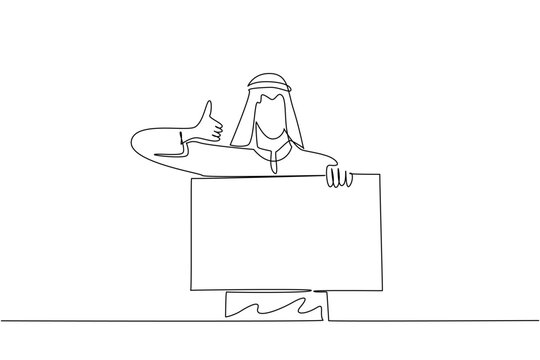 detailed single line drawing features a young handsome Arabian man giving a thumbs up behind a blank paper board placard. It highlights a business concept for a great corporate presentation.