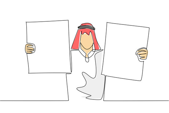 Continuous line drawing displays a colorful Arab man holding two blank boards. An outstanding business option concept perfectly designed for a corporate strategy poster presentation.