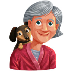 a senior woman with a friendly smile with a dog