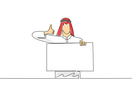 Beautiful colorful single line drawing features a young handsome Arab man giving a thumbs up behind a blank monitor screen. It highlights a business concept for a great corporate presentation.