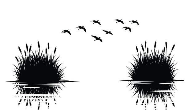 black silhouette of reeds and flying birds against a white background natural landscape illustration high quality professional detailed modern elegant stylish clean crisp vibrant