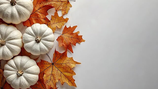 white pumpkins and dry maple leaves with empty white background for text video