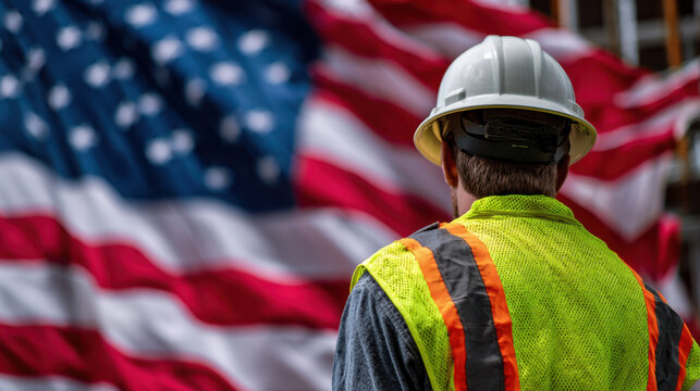 Worker wearing safety helmet and vest stands in front of waving flag with independence day symbols celebrating freedom and pride
