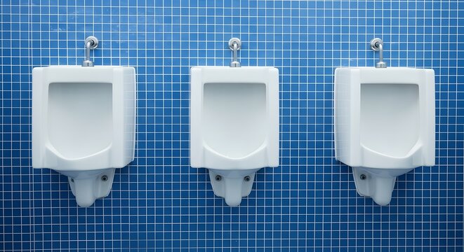 Three white porcelain urinals in a public restroom with a blue tiled wall