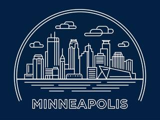 Fototapeta premium Minneapolis Skyline Line Art Illustration - Minimalist Cityscape Vector Graphic of Twin Cities, Minnesota Landmark Buildings on Navy Blue Background