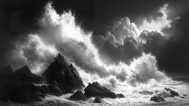 Powerful monstrous wave crashes against sharp jagged rocks under dramatic cloudy sky, creating misty and intense seascape full of energy and motion