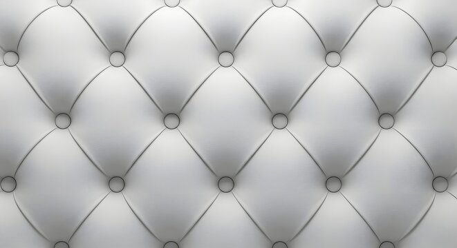 Close up of a white tufted leather texture with diamond pattern and button details
