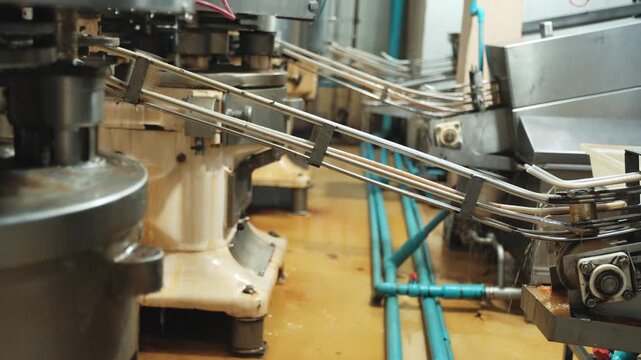 Close-up, automated conveyor rail machine with instant fish canned, sending for packaging process, nourishment food production industry, and sterile hygiene warehouse, clean manufacturing factory.