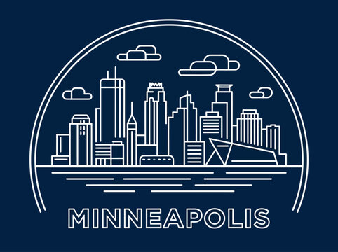 Minneapolis Skyline Line Art Illustration - Minimalist Cityscape Vector Graphic of Twin Cities, Minnesota Landmark Buildings on Navy Blue Background