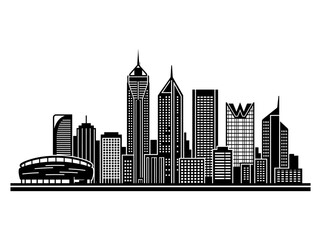 Obraz premium Modern City Skyline Vector Silhouette - Urban Architecture Landscape with Skyscrapers and Stadium Building Graphic Icon for Metropolitan Design