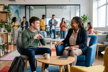 Obraz premium Diverse HR manager having a supportive mental health check-in with a young male employee in a modern office.