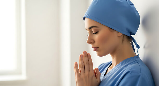 Profile of female nurse in blue medical scrubs and cap praying with closed eyes in hospital corridor, National Nurses Day, faith and hope, cinematic lighting, soft focus, realistic photography style.