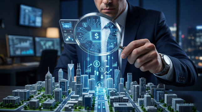 Businessman using a magnifying glass to analyze a digital financial model of a smart city at night.