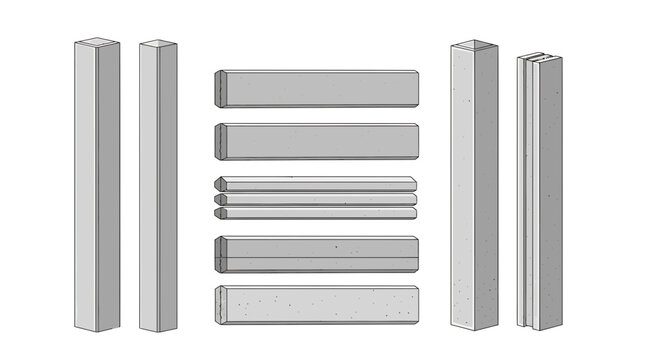Metallic silver bars, 3D rectangular prisms, gray metallic shapes, industrial design elements
