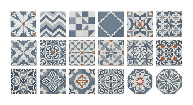 Blue and white tile patterns, ceramic design elements, geometric shapes, decorative motifs, 20 pieces