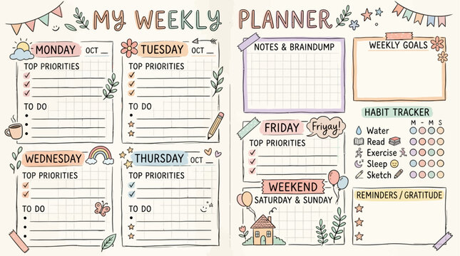 Hand-drawn Weekly Planner Template with To-Do Lists, Habit Tracker, and Notes Section