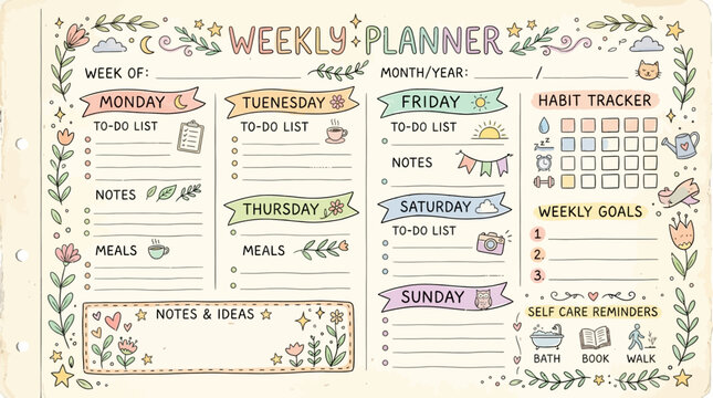 Creative Weekly Planner Template for To-Do Lists, Notes, Meals, and Habit Tracking with Fun Doodles