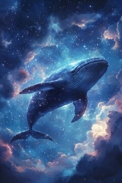Whale soaring through a starry cosmic sky