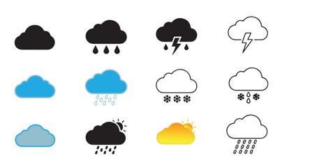 Obraz premium Weather icons set sunny cloudy rainy snowy and stormy conditions