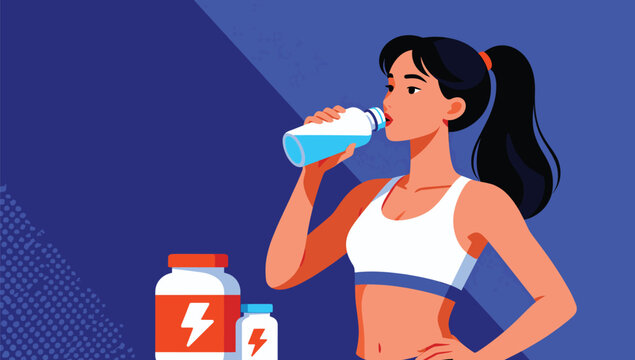 Hydration and Fitness: A woman quenches her thirst with a refreshing drink from a water bottle. In the foreground, supplements promise a boost of energy.