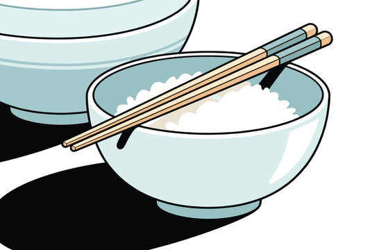 Rice Bowl with Chopsticks: An artistic depiction of a filled rice bowl, accompanied by chopsticks, showcasing a simple yet elegant presentation.