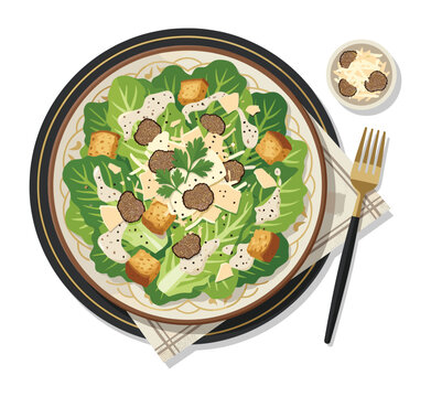Gourmet Caesar Salad: A top-down view showcases an artfully arranged Caesar salad, complete with crisp romaine lettuce, crunchy croutons, creamy dressing, and shaved cheese.