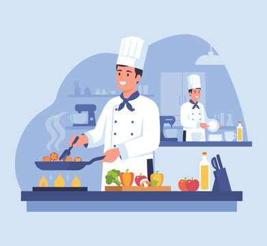 Culinary Symphony: A chef masterfully prepares a delectable dish in a bustling kitchen, surrounded by fresh ingredients and the tools of his trade.  