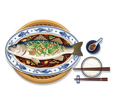 Steamed Fish Delight: A culinary illustration showcases a beautifully steamed fish served on a decorative plate, garnished with fresh herbs, alongside a bowl of rice and dipping sauce.