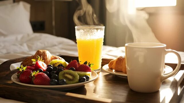 Tray of breakfast with fresh fruit, croissants, and steaming coffee served in bed, morning sunlight streaming through the window