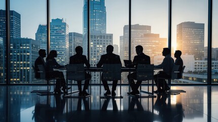 Obraz premium A business meeting at sunset with seven professionals silhouetted against a city skyline through large glass windows.