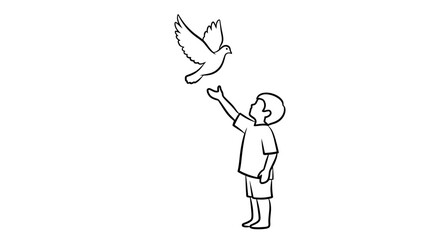 A line art drawing of a young boy releasing a white dove into the air. © Nyadong