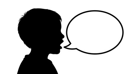 Silhouette of a young child talking with a blank speech bubble.