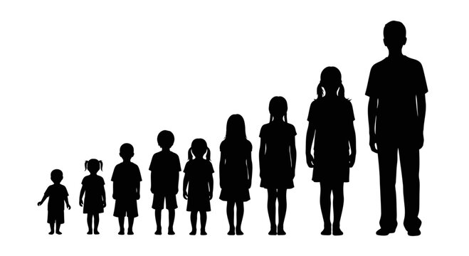 Black silhouettes of children of various ages standing in a row by height.