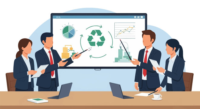 Diverse business team in formal suits analyzing environmental sustainability data on a large digital screen with a recycling symbol, pie charts, and growth graphs in a meeting room.