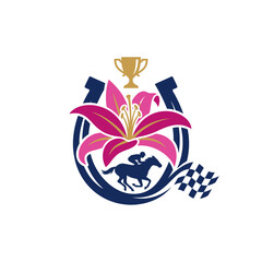 Fototapeta premium Horse Racing Logo Design Featuring Horseshoe, Pink Lily, Jockey Silhouette, Trophy, and Checkered Flag for Equestrian Sports Competition