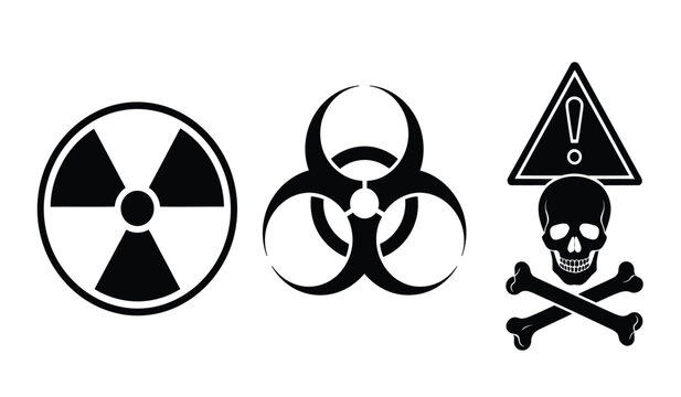 black silhouette icons depicting radiation hazard biohazard symbol and skull and crossbones on white background high quality professional detailed modern elegant stylish clean crisp