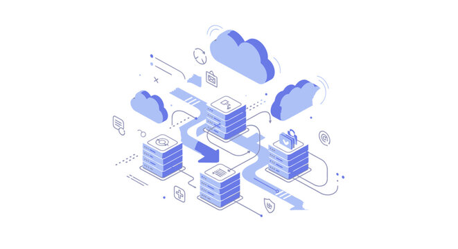 Cloud computing isometric concept with connected devices, folders and online storage network, digital collaboration technology illustration for business systems and remote data access