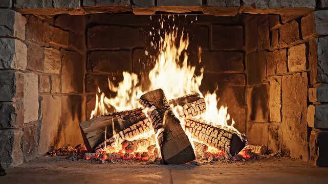 Burning logs in stone fireplace symbolizing trust, reliability, and premium quality