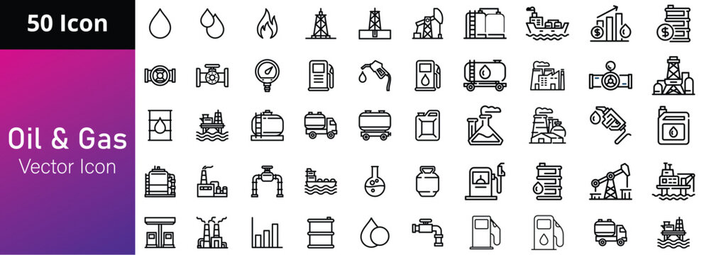 Oil gas petroleum industry line icon set rig refinery tanker station