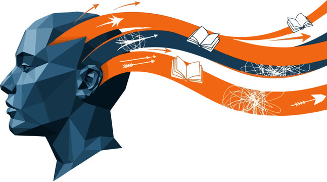 Low poly human head with knowledge flow, conceptual education and learning vector, creative mind with books and arrows, mental health and psychology