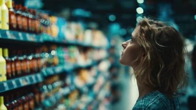 Grocery Aisle Reflection: A woman contemplates her choices amidst the colorful array of products in a well-stocked grocery aisle, with shelves displaying a vibrant assortment.
