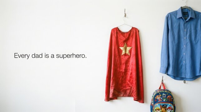 father's day superhero cape costume hanging on wooden hanger with casual shirt and backpack