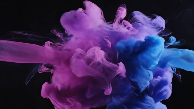 Blue and pink ink clouds on black background emphasizing modern aesthetics and minimalist design