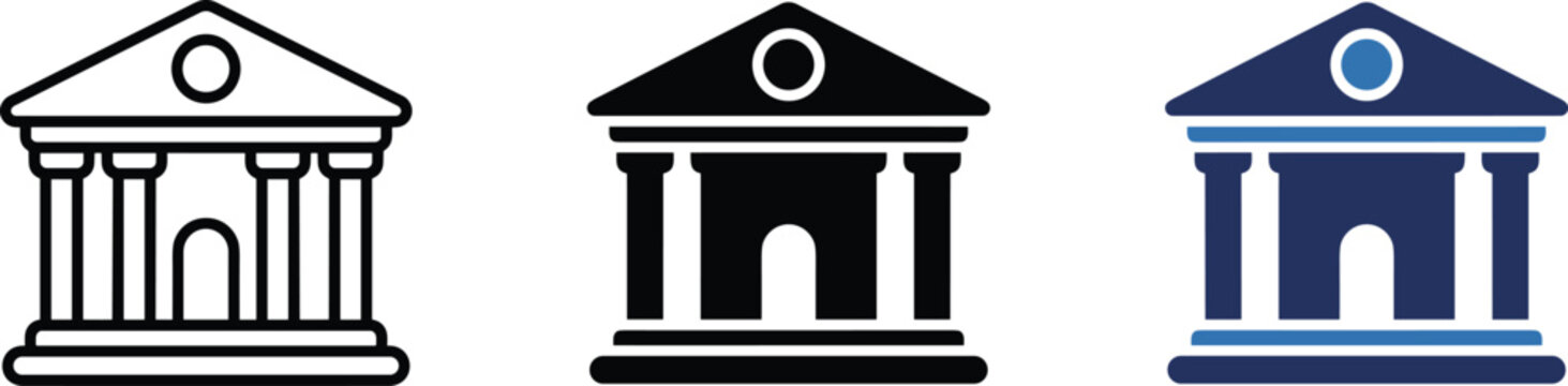 Bank building vector icon variants in black and blue flat style, editable financial institution and corporate banking symbols collection for fintech apps and investment platforms