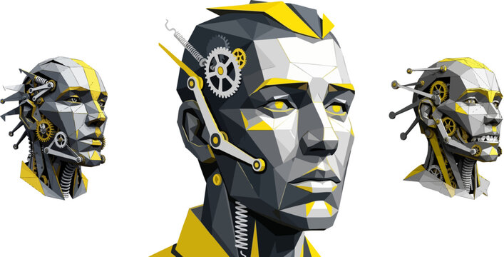 Futuristic cyborg head vector set, low poly robotic human face with mechanical gears, yellow and grey android character design for sci-fi gaming
