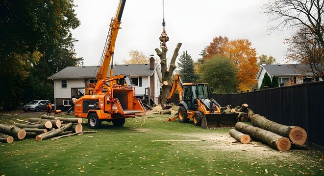Tree removal operation with heavy machinery in a residential neighborhood