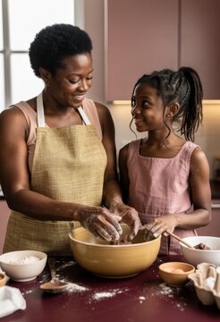 Mother and daughter baking together in a kitchen with a ceramic bowl for family lifestyle, culinary education and healthy homemade food advertising campaigns