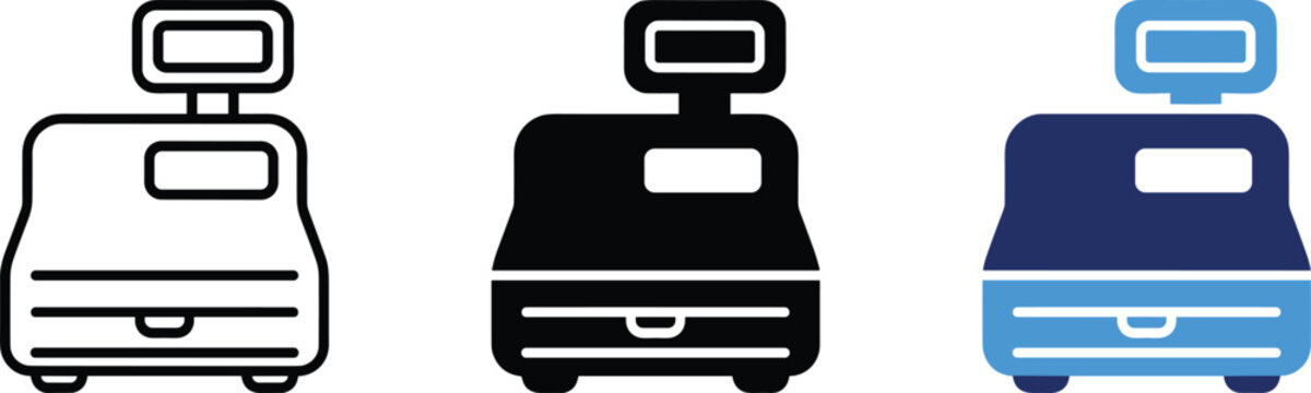 Cash register vector icon variants in black and blue flat style, editable retail POS and checkout machine symbols collection for store management apps and ecommerce platforms