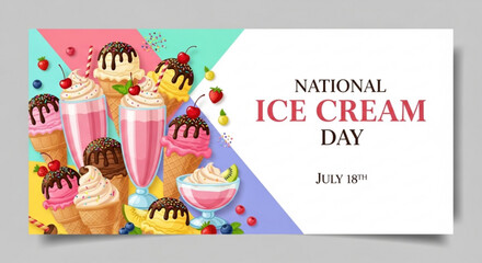 Naklejka premium Elegant national ice cream day banner with milkshake and fruit
